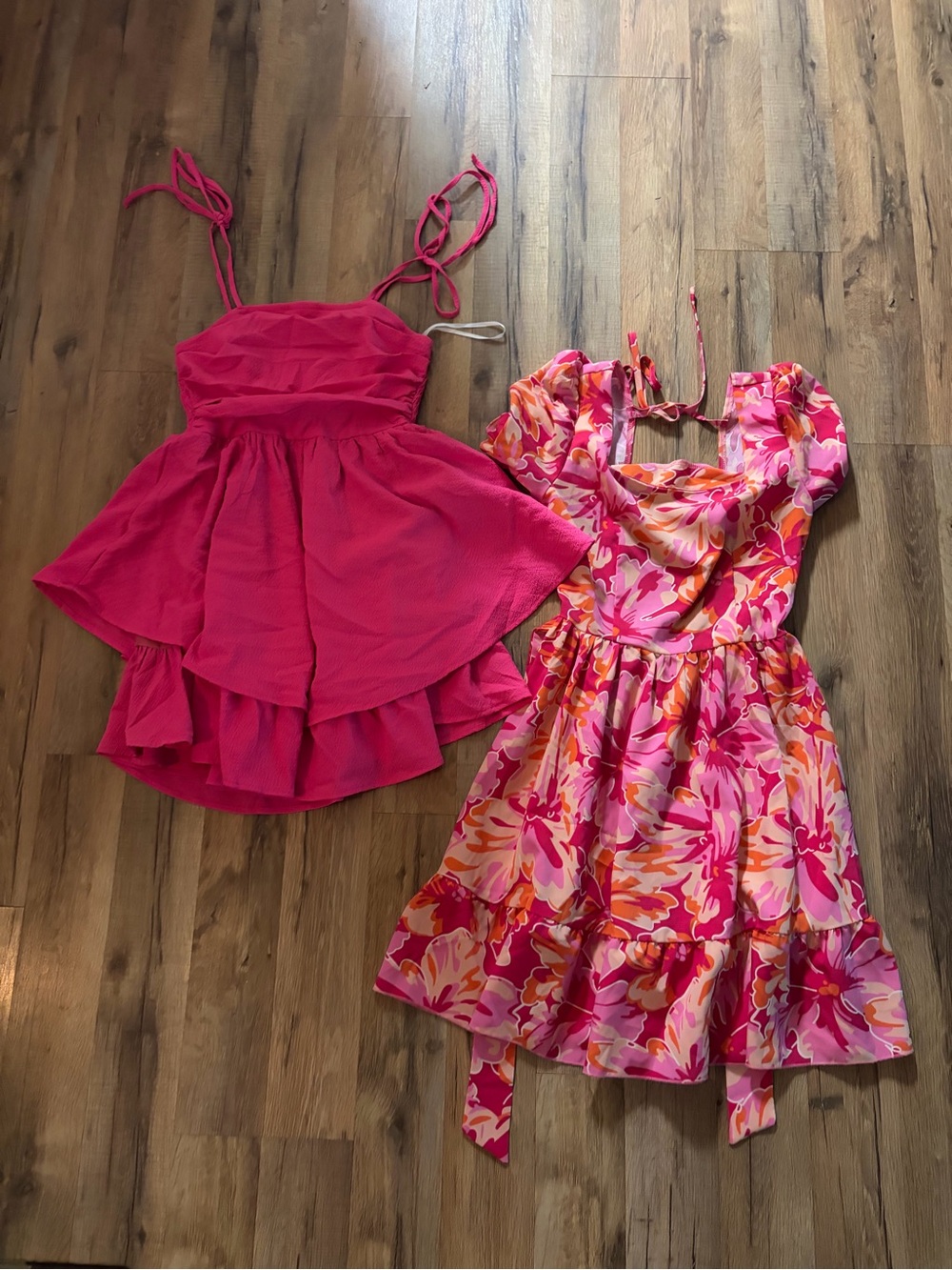 SHEIN Hot Pink Tiered Mini Dress & SHEIN Pink Floral Puff-Sleeve Dress